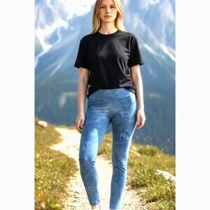 ALO Yoga Airbrush Leggings High Rise Blue Denim Acid Wash Thick Pants Outdoor L